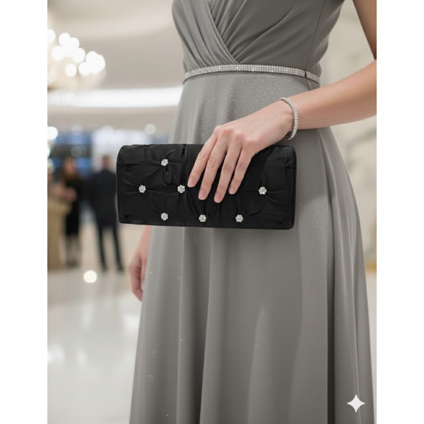 Evening Bag - Satin Embellished w/ Flower Rhinestones - Black - BG-38044BK